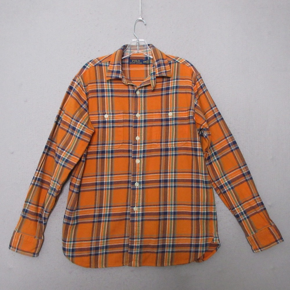 Polo Ralph Lauren Shirt Men Medium Orange Plaid‎ Flannel Americana Preppy Rugged
